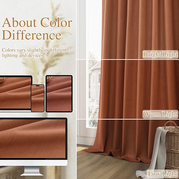 Guken Terracotta 100% Blackout Curtains 90 Inch Length 2 Panels Set Fall Curtains for Living Room Bedroom Back Tab Thermal Insulated Black Out Linen Drapes, 52x90