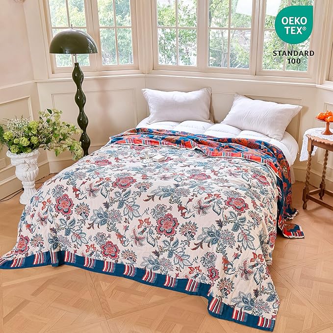 MSGKV Boho Throw Blanket 50"x60" 100% Cotton Floral Blanket for Couch Sofa Spring Breathable Lightweight Blankets All Seasons Home Decor Muslin