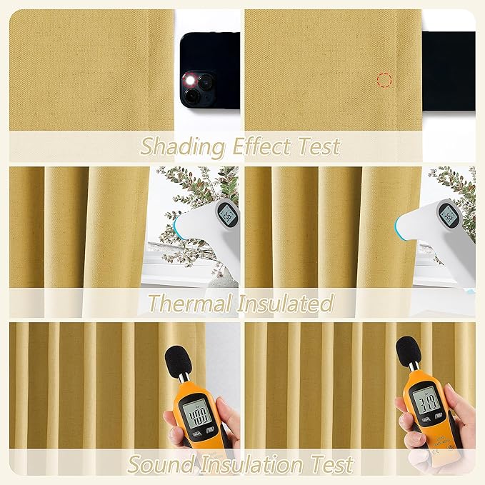 Guken 100% Blackout Curtains 96 Inch Length 2 Panels Set for Living Room Bedroom Back Tab Thermal Insulated Black Out Linen Drapes Room Darkening Window Curtains 96 Inches Long,Gold