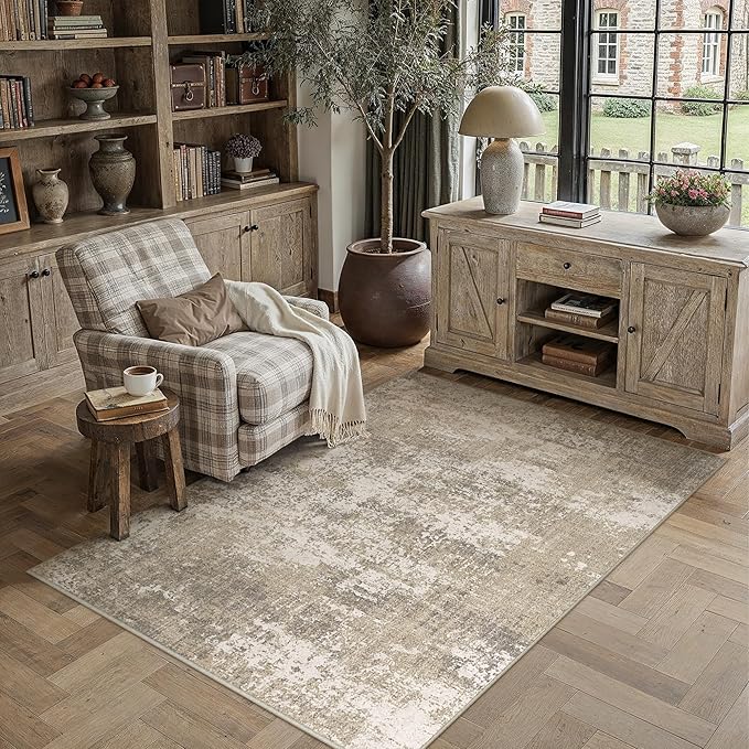 PureCozy Beige Area Rug 3x5 Machine Washable Modern Abstract Office Carpet Neutral Non Slip Indoor Entry Low Pile Soft Non Shedding Small Mat Bedroom Throw Rug for Kitchen Laundry Dining Room