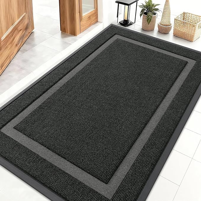 OLANLY Front Door Mat Indoor Outdoor Entrance, Waterproof All-Season, All-Weather Doormat, Sturdy Natural Rubber, Fade Resistant, Low Profile, Easy Clean Patio Porch Entryway Mat, 47x32, Black