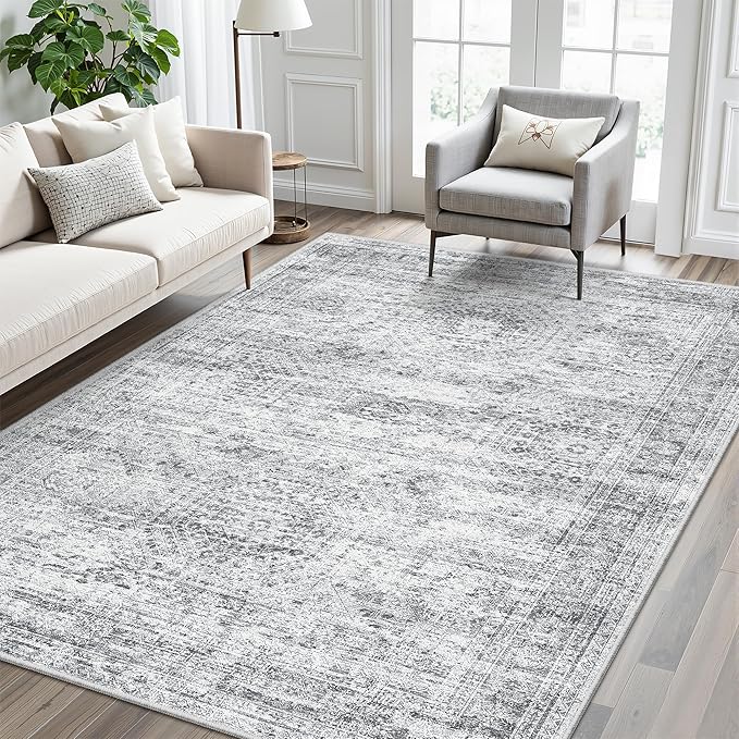 5x7 Area Rugs Gray Low Pile Indoor Washable Trendy Faded Style Rugs for Bedroom Living Room Dining Room Foldable Non-Slip Thin Grey Print Mat