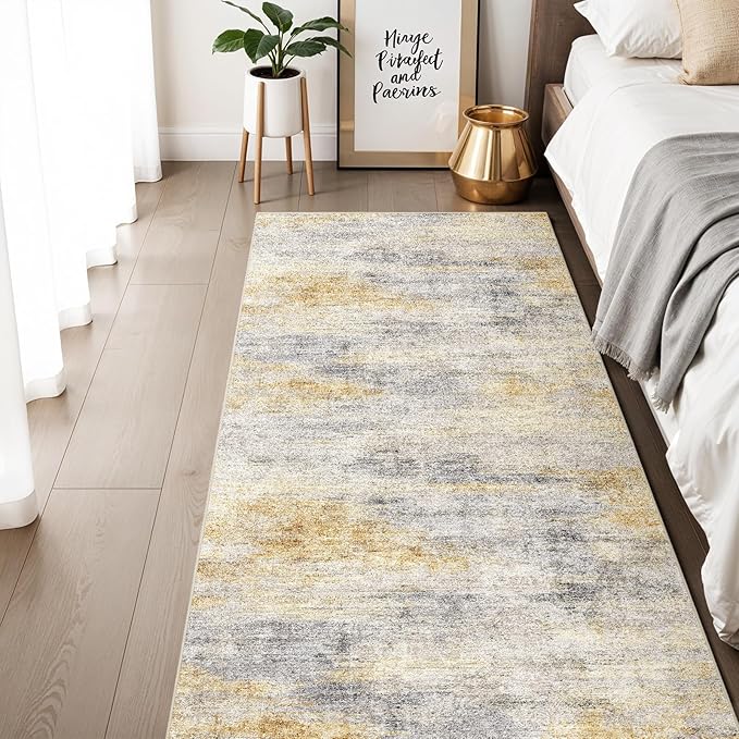 3x6 Washable Kitchen Runner Rug: Modern Abstract Runners for Hallway Soft Non Slip Rugs with Rubber Backing Low Pile Thin Floor Carpet for Entryway Bedroom Bathroom Bedside Indoor(Grey/Yellow,3x6)