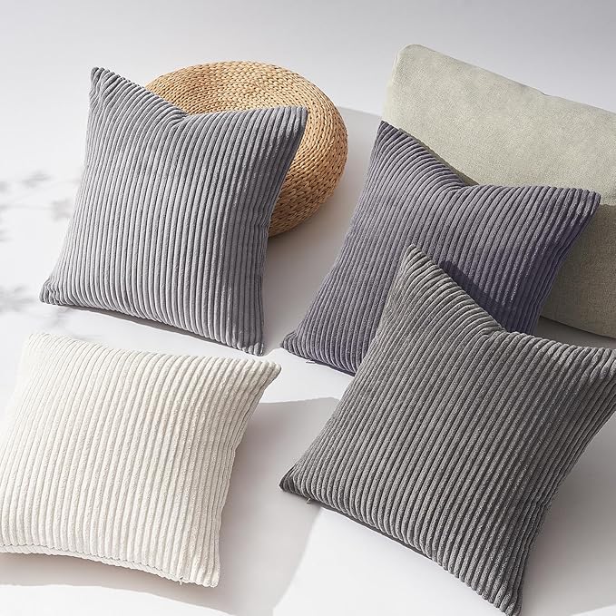 Topfinel Neutral Grey Decorative Throw Pillow Covers 18x18 Inch Set of 4,Modern Farmhouse Striped Corduroy Cushion Cases,Square Euro Shams for Sofa,Bedroom,Floor,Car(45cm Dark Gray)