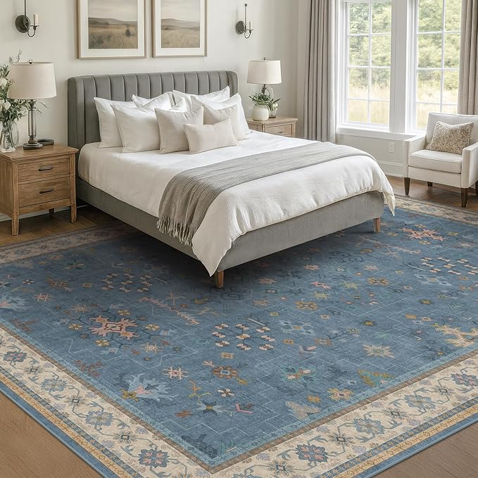 Hazo Haus Blue Big Rugs for Living Room - Dusty Blue 10x12 Area Rug for Large Bedroom, Dining Room, Washable Lightweight Foldable Floral Modern Home Décor