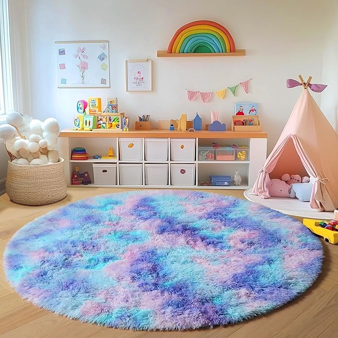 ONASAR Rainbow Round Area Rugs 5ft, Soft Bedroom Circle Rug Mats for Kids Girls Teen Room, Mermaid Fluffy Plush Shaggy Carpet for Baby Nursery Living Room Playroom Home Decor Princess Castle