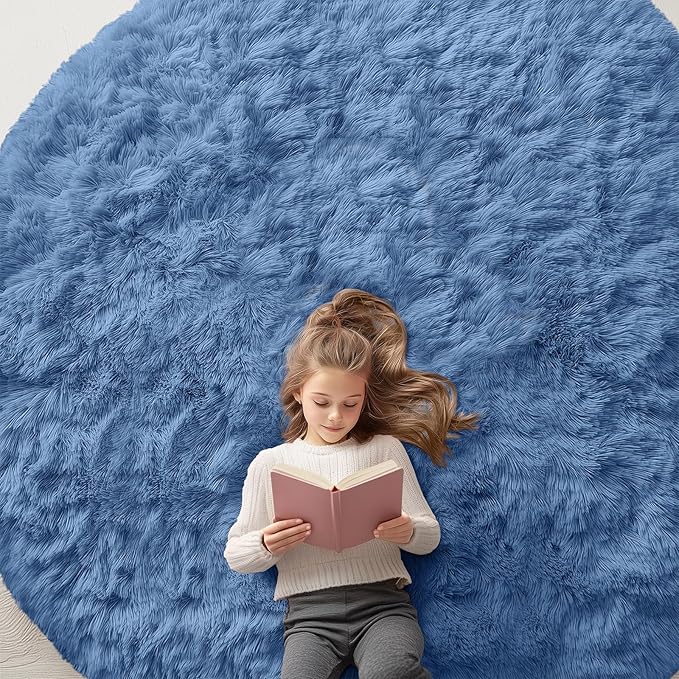 OLANLY Blue Round Rugs for Bedroom - Machine Washable, 8 ft Circle Area Rugs for Living Room, Soft and Fluffy Shaggy Carpet for Teen Girl and Boys, Nursery Rooms, Dorms, Home Decor Aesthetic