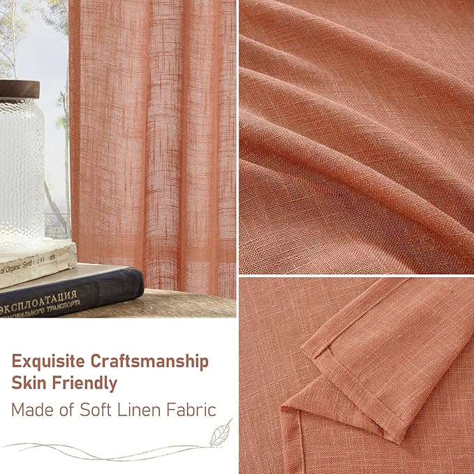 LAMIT Short Linen Window Curtains 30 Inches Long 2 Panels, Terracotta Semi Sheer Light Filtering Panels Back Tab and Rod Pocket Fall Drapes for Basement/Small Windows, 34 x 30 Inch