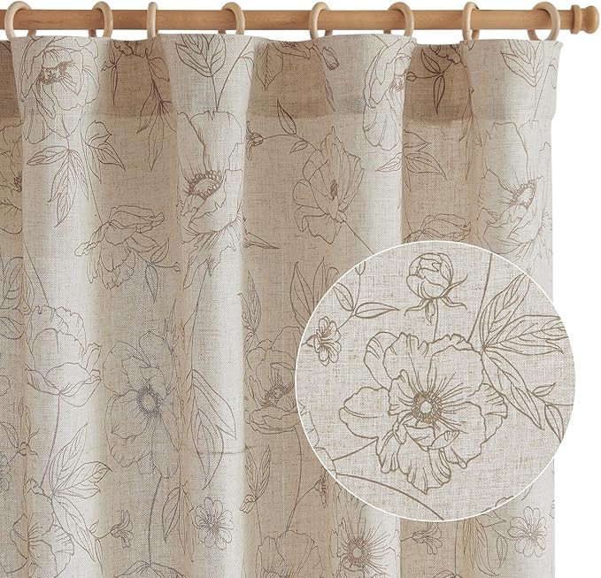 jinchan Floral Linen Curtains for Living Room 63 Inch Length Taupe Flower Curtain Rod Pocket Back Tab Farmhouse Curtains with Printed Floral Bedroom Window Curtain Set, 2 Panels Taupe