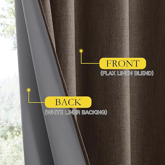 NICETOWN Coffee Vintage Linen 100% Blackout Curtains for Living Room, Thermal Insulated Curtains 90" Long, Noise Reducing Window Treatment Drapes for Hall Room, 42" Wide Per Panel, Set of 2