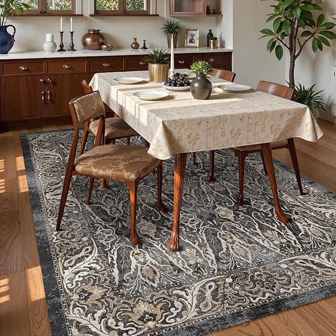 Washable Area Rug 3' x 5 ' Vintage Traditional Persian Mat - Foldable Distressed Non-Slip Machine Washable Carpet for Living Room Bedroom Kitchen Home Decor - Ebony and Taupe