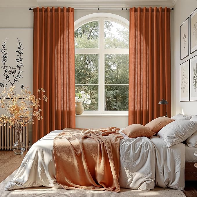 Nanspring Rust Linen Curtains 102 Inches Long for Living Room Light Filtering Semi Sheer Curtain Back Tab and Rod Pocket Vintage Rustic Luxury Home Decor Drapes for Bedroom Office 52x102, 2 Panels