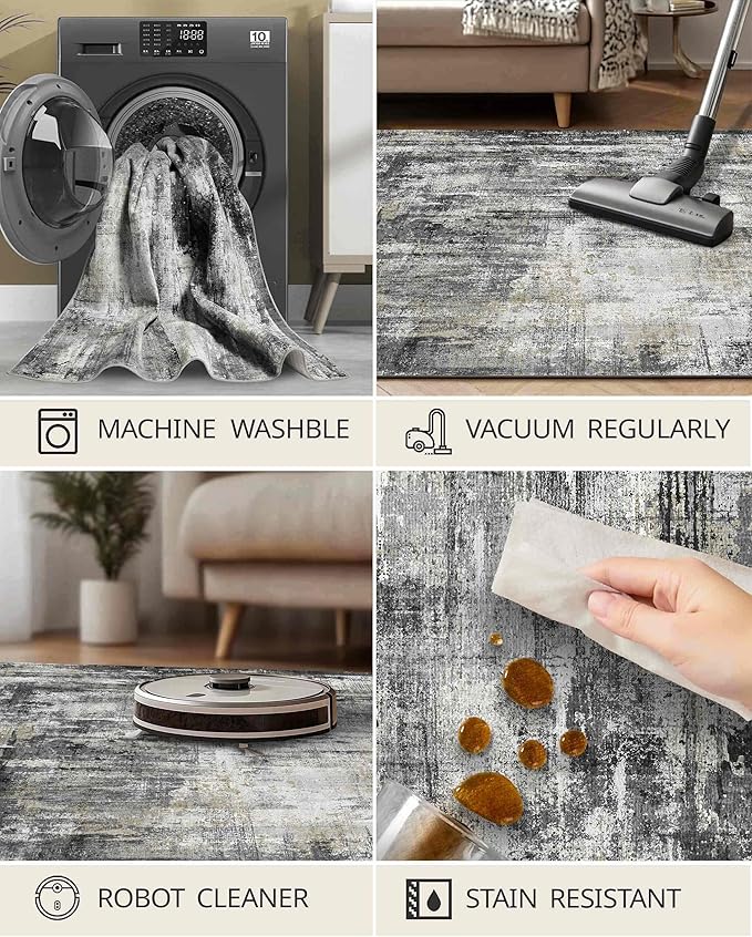 Latte&Fog 8x10 Area Rugs for Living Room, Large Black Modern Abstract Washable Rug, Boho Non Slip Low Pile Carpet for Indoor Bedroom Dining Room, Office, Dorm, Classroom, Farmhouse and Kids Room