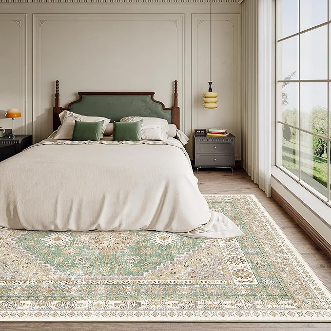 zesthome 5x7 Area Rugs - Ultra-Thin Washble Rug, Stain Resistant Anti Slip Backing Rugs for Living Room,Bedroom, Vintage Home Decor Area Rug (Green/Brown,5'x7')
