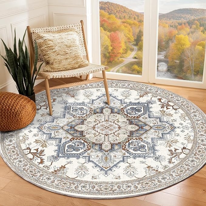 OPPODREAM Soft Round Rug 6ft, Neutral Washable Circle Rug 6ft with Non Slip Backing Play Room, Low-Pile Carpet 6 ft, Faux Cashmere Throw Carpet, Cream White & Blue & Light Brown