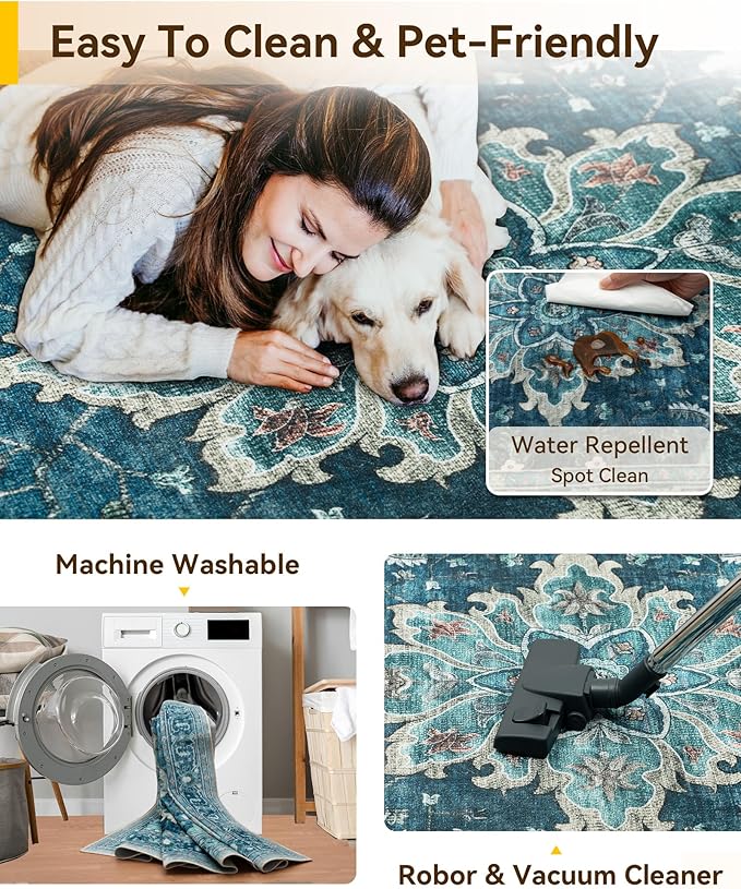 Area Rugs 7'x9' Washable Non-Slip, Floral Vintage Distress Print Pattern Medallion Carpet for Living Room Bedroom Dining Room, Teal Green Lake Blue Turquoise