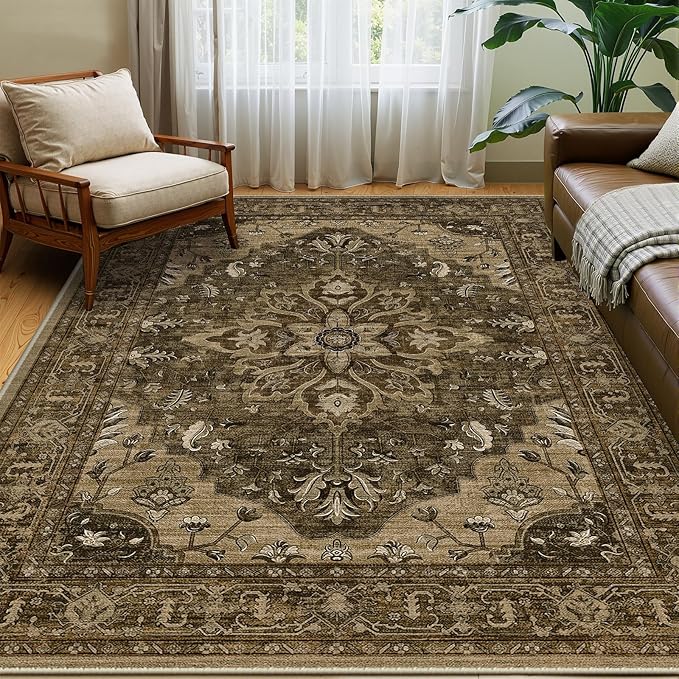 Area Rugs 5'x7' Washable Non-Slip, Floral Vintage Distress Print Pattern Medallion Carpet for Living Room Bedroom Dining Room, Brown Dark Brown