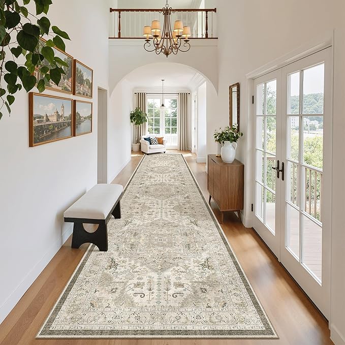 Madane Hallway Runner Rug 2'6''x14' Kitchen Runner, Non Slip Vintage Runners for Hallways Washable Kitchen Rugs Soft Low Pile 2.5x14 ft Rug Runner for Laundry Room, Entryway and Bedroom, Ivory/Brown