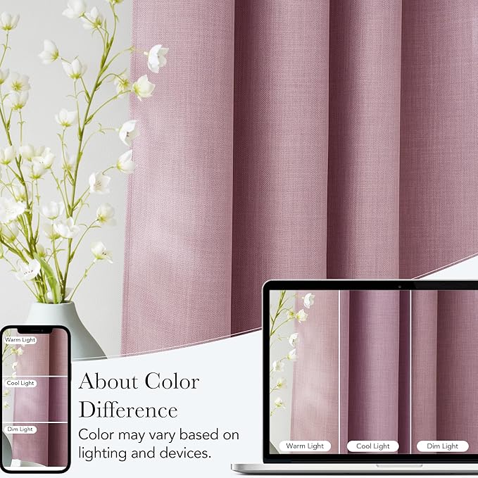 NICETOWN Pink Faux Linen Room Darkening Rod Pocket Curtains 63 inch Length, W42 x L63, Light Blocking Thermal Insulated Noise Reducing Drapes for Bedroom Living Room Farmhouse Decor, 2 Panels