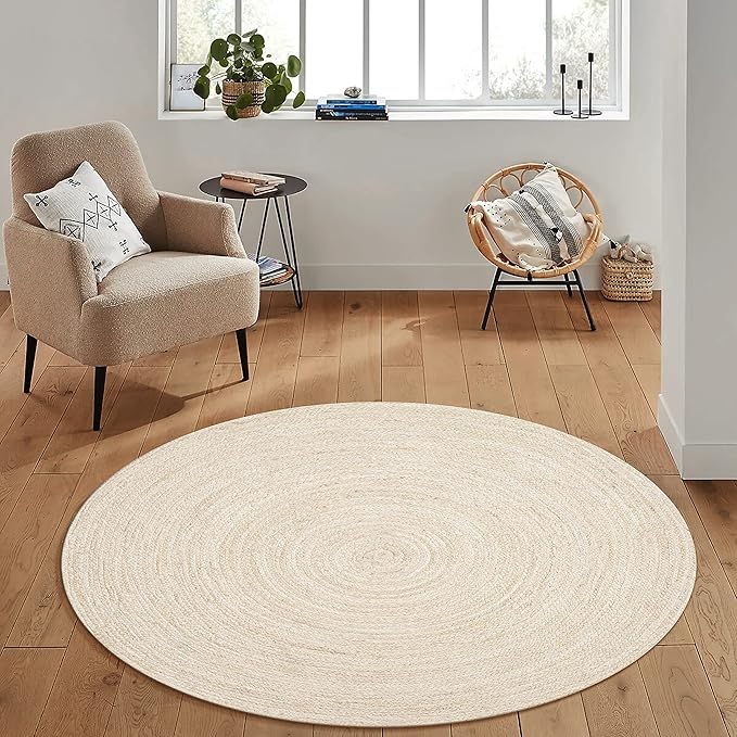 Hausattire Hand Woven Jute Braided Rug, 3’ Round – Off White, Reversible Boho Entry Area Rugs for Kitchen, Living Room I Farmhouse Decorative Floor Rug, 3 Feet Round