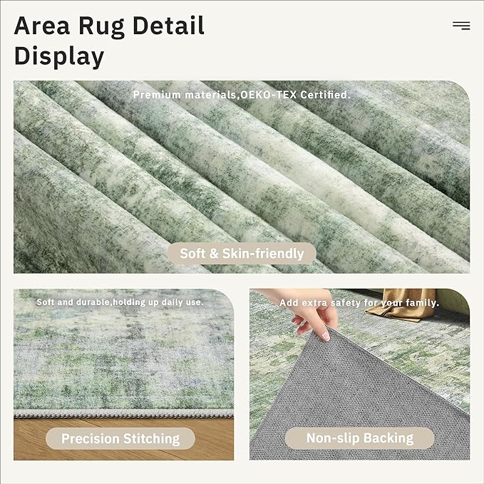 Area Rug 10x12 Vintage Washable Living Room Large Carpet Non Slip Bedroom Indoor Office Dining Room Low Pile Thin Rug Green/Ivory