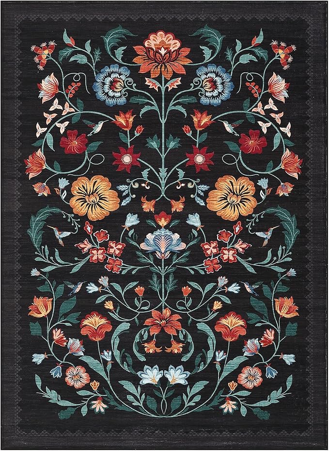 GarveeHome Washable Rug 5x7 Area Rugs for Living Room, Floral Rug for Bedroom, Soft Boho Non Slip Throw Rugs with Rubber Back, Low Pile Stain Resistant Vintage Floral Carpet for Dining Room, Black