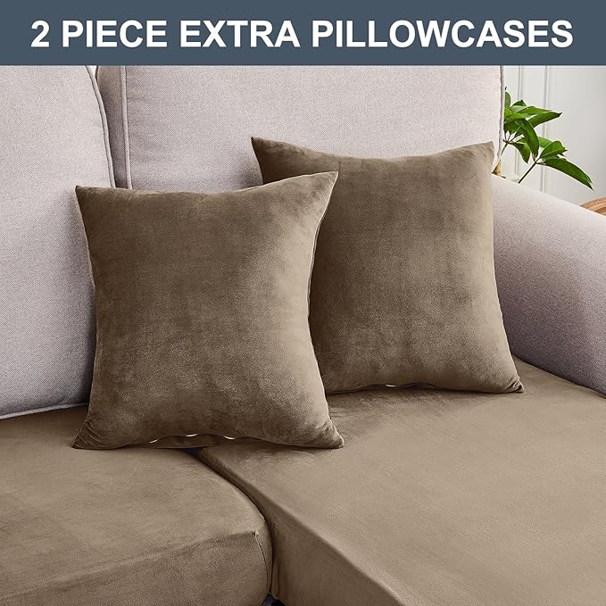 Couch Cover 8-Piece Elastic Velvet Couch Cushion Covers & Chaise Slipcovers for L-Shaped Sofas - Sofa Seat Covers Washable, Soft Cover for Couches (7 Seater + Chaise, Leather Brown)