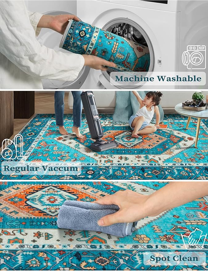 SERISSA Runner Rug for Hallways, 2'6"x12' Washable Non Slip Kitchen Runner Rug, Extra Long Boho Rug Ultra Soft Vintage Blue Print Floor Carpet for Bedroom Hallway Entryway Bathroom Laundry Room