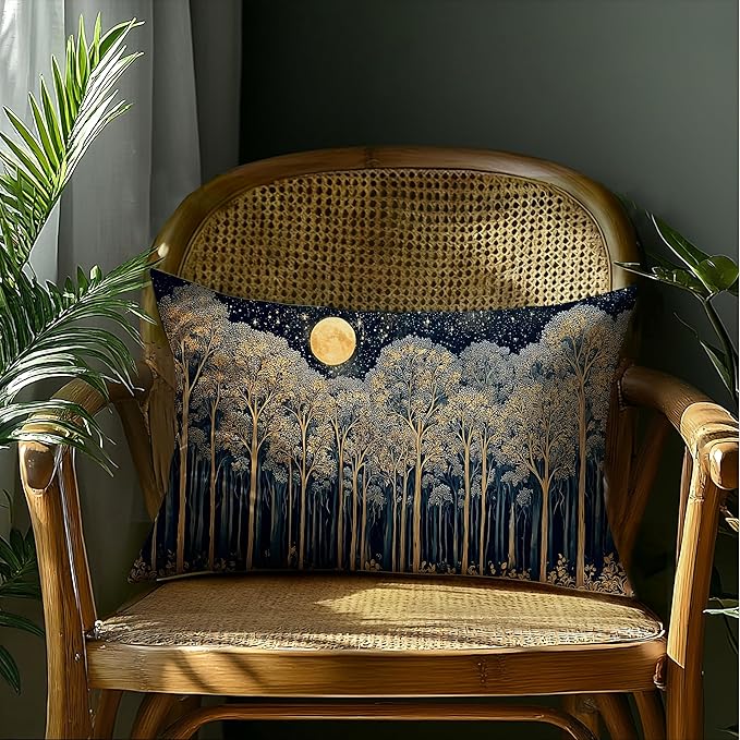 Rustic Dark William Morris Night Forest Moon Decor Pillow Covers 12x20,Vintage Gold Botanical Nature Landscape Decorative Throw Pillow Covers for Home Bedroom Living Room