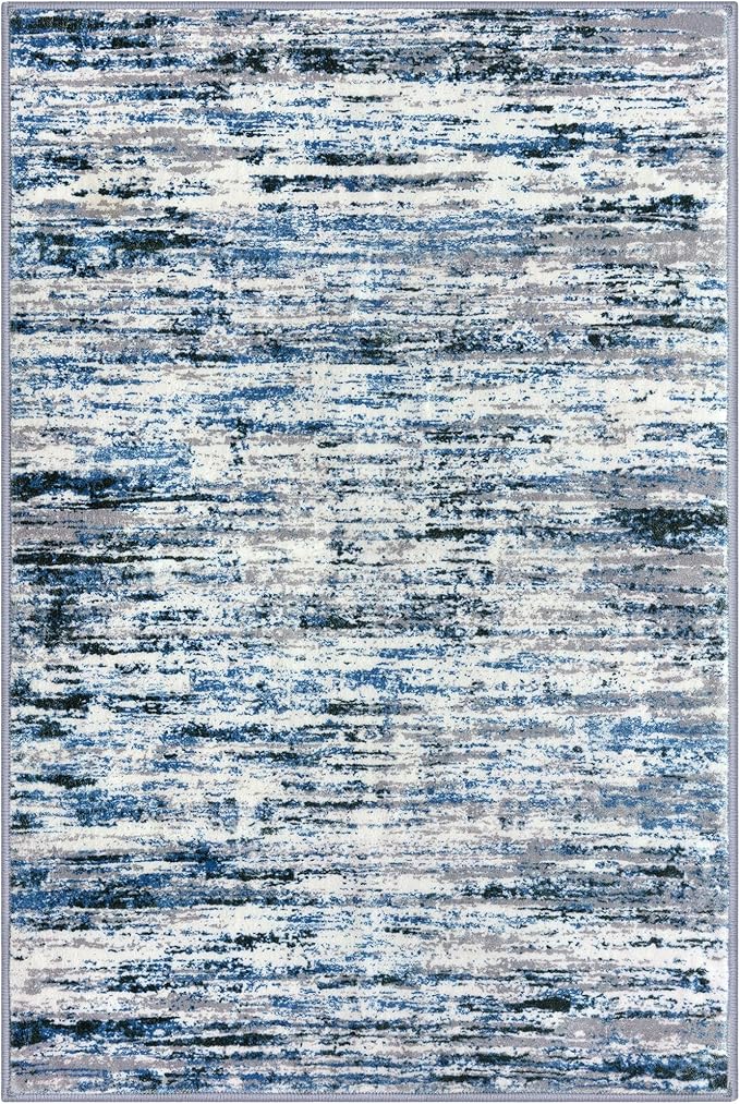 Lansny Modern Abstract 8x10 Large Machine Washable Living Room Rug Non-Slip Soft Bedroom Area Rug Grey Blue White Thin Print Faux Wool Carpet Throw Rugs for Nursery Playroom Dining Room Indoor