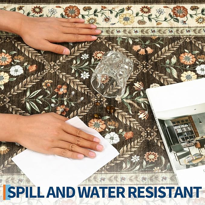 Washable Kitchen Rugs Non Slip 2x6 Hallway Runner Rug Stain Resistant Low Pile Floral Floor Rug with Rubber Backing Non Shedding Runners for Indoor Entryway Bedside Bedroom Farmhouse RV Brown Natural