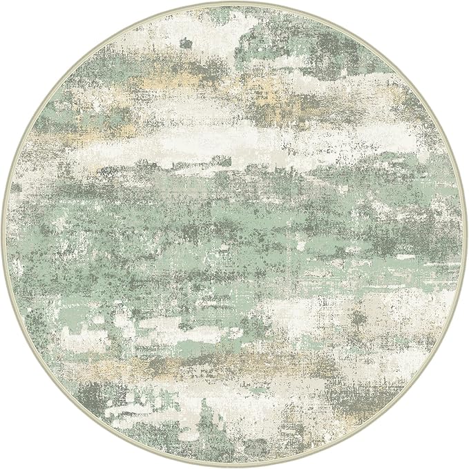 Round Rugs 5FT for Living Room Bedroom, Modern Abstract Machine Washable Circle Rug, Soft Low Pile Floor Cover with Non Slip Backing for Dining Room, Light Green