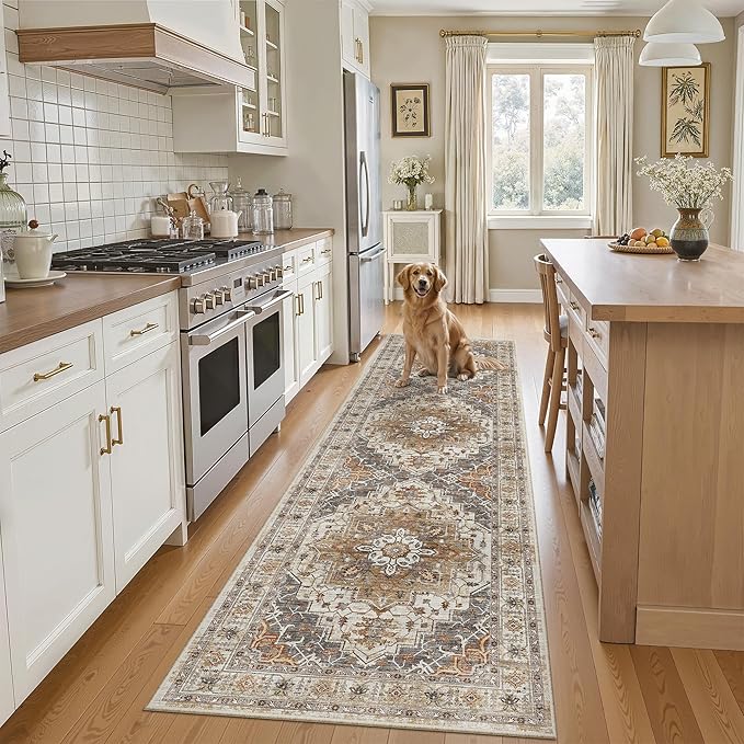 Madane Kitchen Runner Rug - 2x7 Runner Rugs with Rubber Backing Non Slip Vintage Washable Rug Runner Ultra-Thin Throw Carpet Runners for Hallways Bedroom Laundry Room (2'x7', Turmeric/Grey)