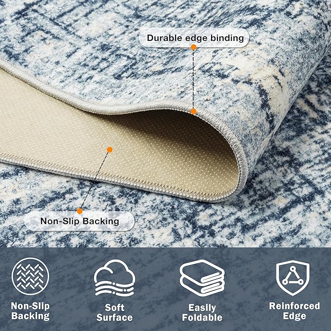 10x14 Area Rugs for Living Room Washable Rug: Anti-Skid Abstract Modern Living Room Rug Soft Thin Carpets Indoor Floor Non-Shedding Carpet for Bedroom Dining Farmhouse Nursery Home Office Blue Gold