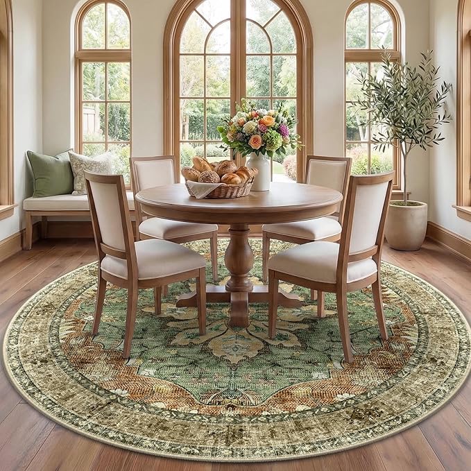 Area Rugs 7ft Washable Non-Slip, Floral Vintage Distress Print Pattern Medallion Carpet for Living Room Bedroom Dining Room, Brick Red Rust Neutral Brown Burnt Orange