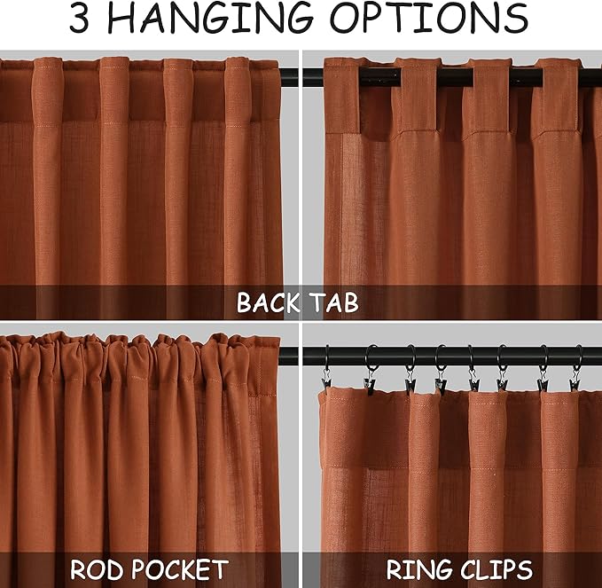 Linen Blend Terracotta Curtains 96 inches Long 2 Panel Back Tab Rod Pocket Rustic Farmhouse Boho Curtains for Dining Room Semi Sheer Brick Burnt Bohemian Fall Decor Rust Curtain 96 inch Length