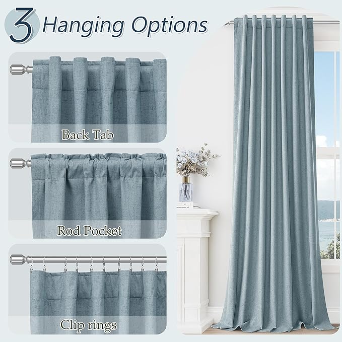 Guken Blue 100% Blackout Linen Curtains 100 Inch Length 2 Panels Set for Living Room Bedroom Back Tab Thermal Insulated Black Out Drapes Room Darkening Farmhouse Window Curtains Dusty Blue
