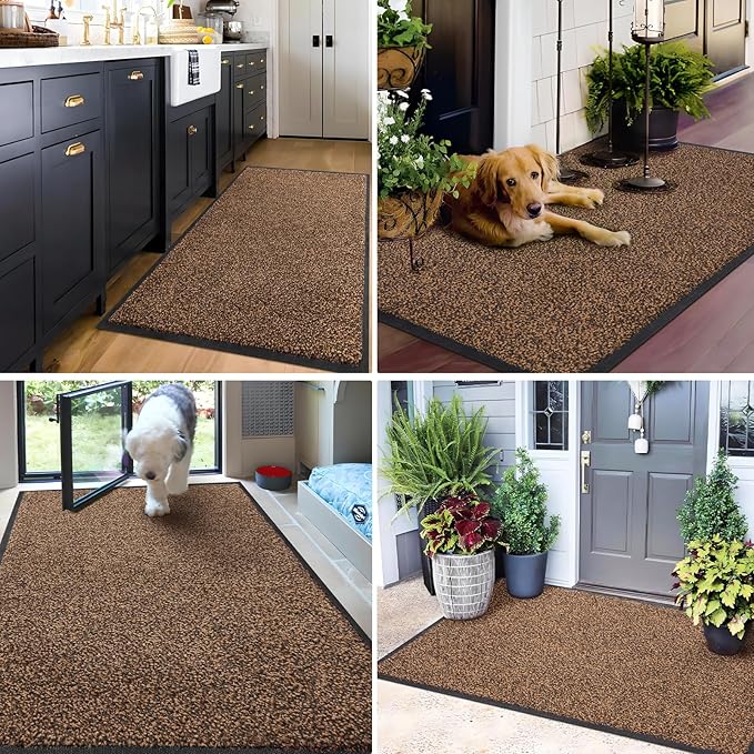 Mibao Front Door Mat, Dirt Trapper Welcome Mat for Outdoor Indoor, Non-Slip Waterproof Doormat, Durable Machine Washable Low Profile Entry Rug for Back Door Outside Patio Porch, 30" x 18", Brown