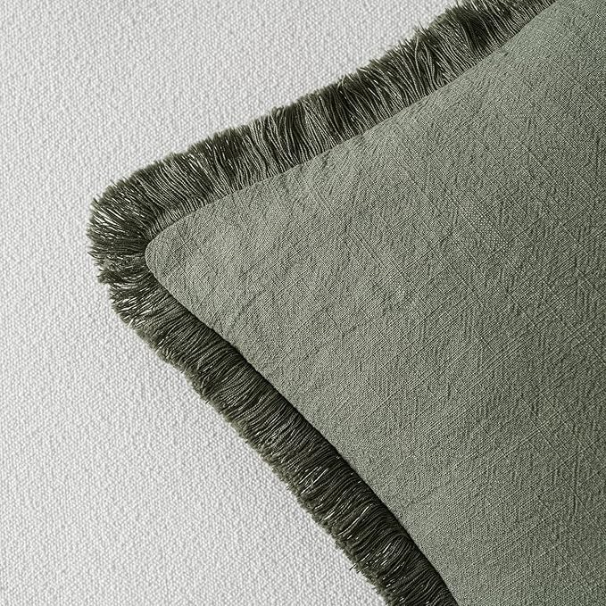 MIULEE Decorative Throw Pillow Covers Neutral Linen Fringe Throw Pillows Set of 2 Light Olive Green Boho Farmhouse Cushion Covers for Couch Sofa Bed Living Room Spring Home Decor 18x18 Inch