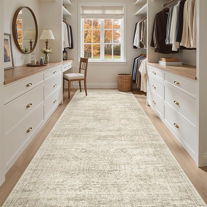 4x10 Wide Hallway Runner Rug: Washable Soft Rug Runners for Living Room Bedroom Ktichen, Stain Resistant Low Pile Area Rugs Non Slip Floor Carpet (Beige, 4x10)