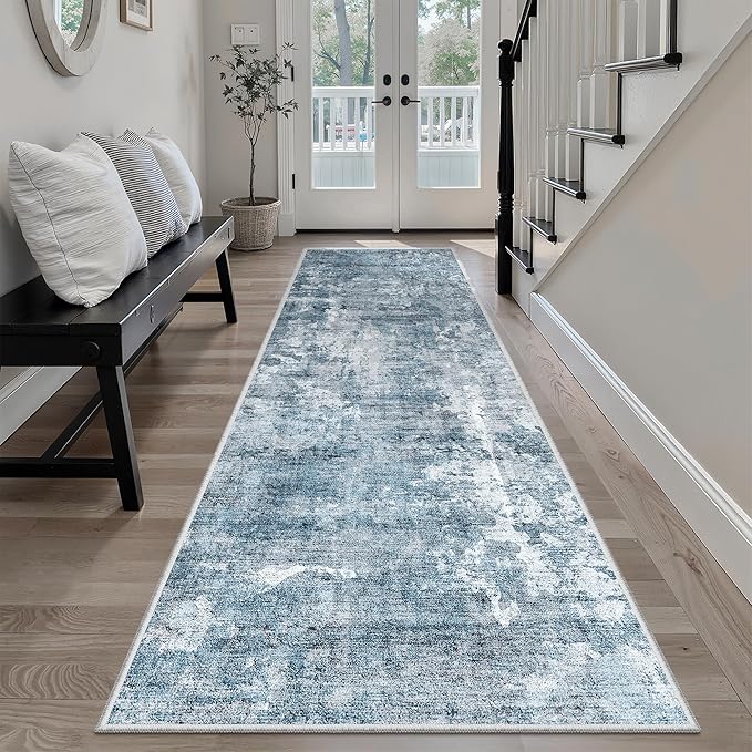 Washable Runner Rug, 2'6" x 8' Non-Slip Kitchen Vintage Foldable Hallway Runners for Entryway, Laundry, Bedroom, Blue