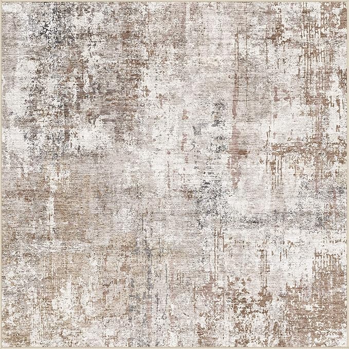 UERMEI Square Area Rugs : Washable 6x6 Neutral Modern Abstract Carpet for Living Room Bedroom - Soft Floor Mat with Non Slip Backing for Kitchen Nursery Dorms Farmhouse Home Decor - Brown/Grey/Red