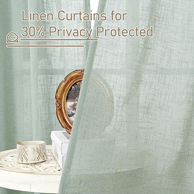 LAMIT Short Linen Window Curtains 40 Inch Length 2 Panels, Light Sage Semi Sheer Light Filtering Panels Back Tab and Rod Pocket Neutral Drapes for Basement/Window/Loft Room, 34 x 40 Inch