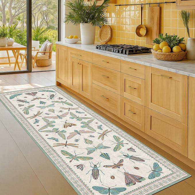 Hazo Haus Boho Bathroom Runners - 2x6 Blue and Green Rug for Kitchen, Entry Way, Non Slip Washable Butterfly Insect Print Home Decor