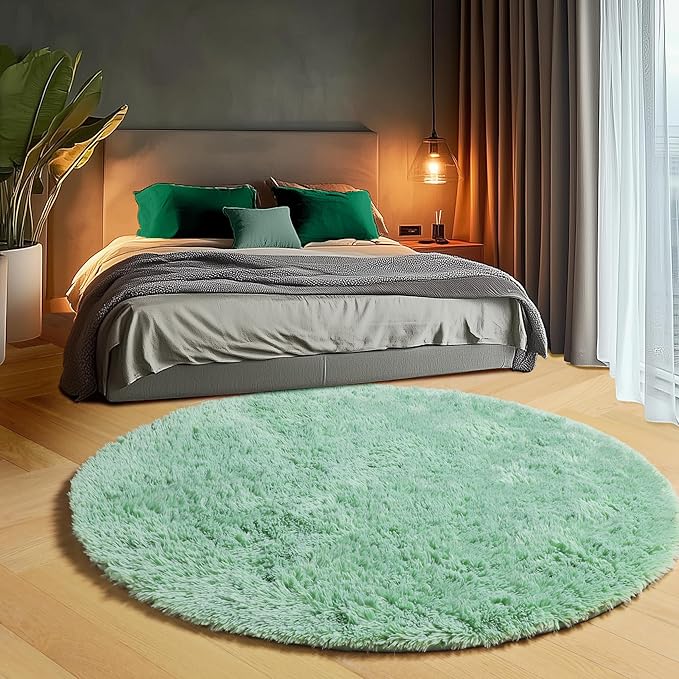 ONASAR Sage Green Round Area Rugs 5ft, Fluffy Soft Bedroom Circle Rug for Kids Girls Boys Teen Room, Cute Furry Plush Shaggy Carpet Floor Mat for Nursery Living Room Playroom Dorm Home Decor