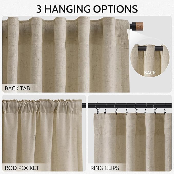 Nanspring Eggshell Beige Curtains 102 Inches Long for Living Room Linen Light Filtering Semi Sheer Curtain Back Tab Rustic Decor Floor to Ceiling Neutral Drapes for Bedroom Office 52x102, 2 Panels