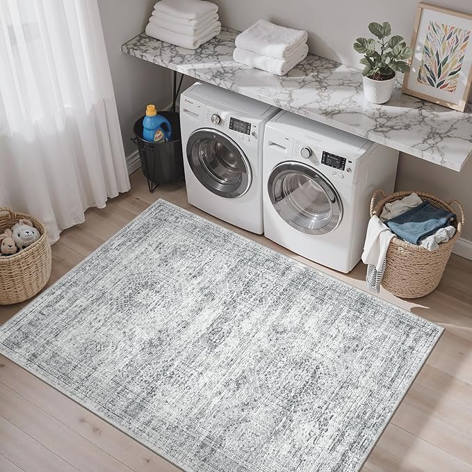 Area Rugs 4x6 for Living Room, Vintage Washable Rugs for Dining Room, Kitchen, Non-Slip Area Rug Grey