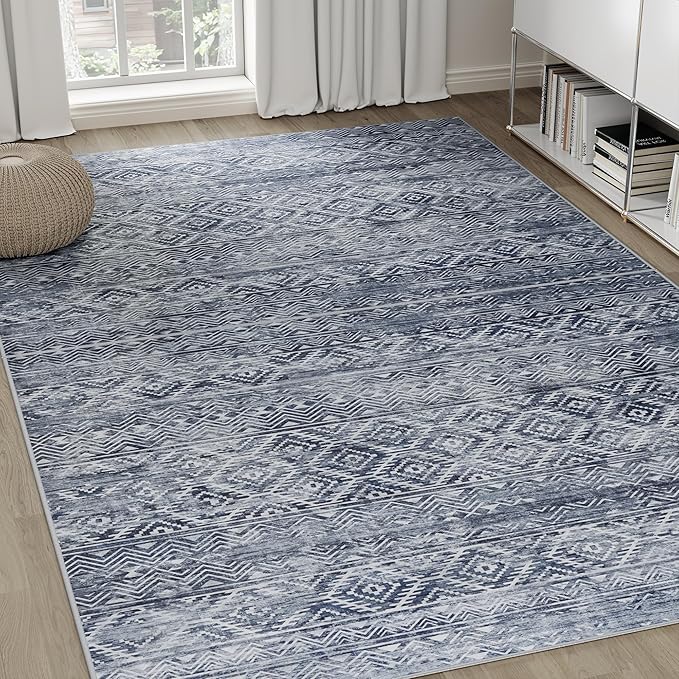 8x10 Area Rugs Washable Rug: Anti-Skid Abstract Modern Living Room Rug Soft Thin Carpets Indoor Floor Non-Shedding Carpet for Bedroom Dining Farmhouse Nursery Home Office (Blue Grey White, 8'x10')
