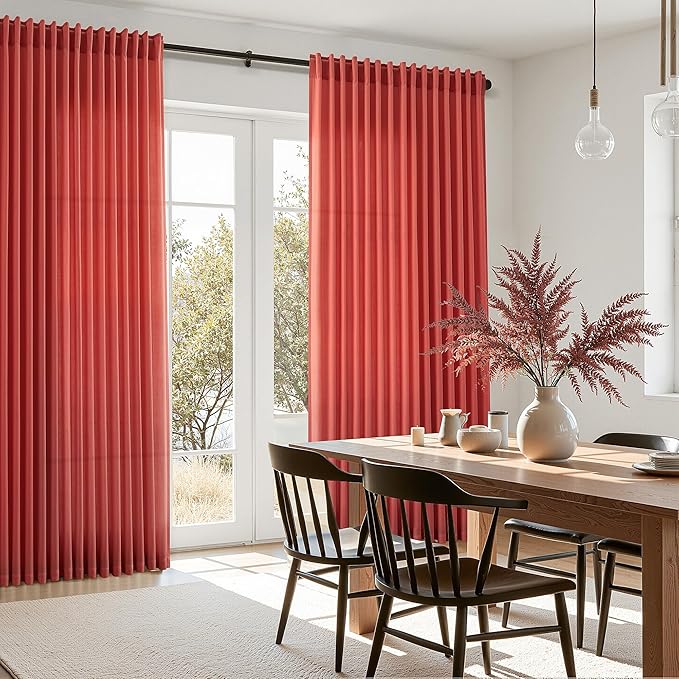 Nanspring Christmas Red Linen Curtains 84 Inch Length 2 Panels Set for Living Room Light Filtering Semi Sheer Curtain Back Tab Vintage Rustic Luxury Home Decor Neutral Drapes for Bedroom Office 52x84