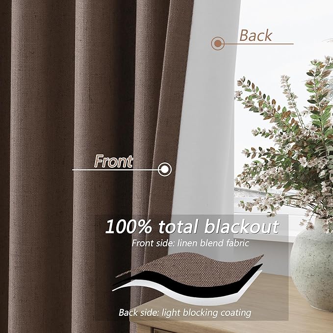 Guken 100% Blackout Curtains 120 Inch Length 2 Panels Set for Living Room Bedroom Back Tab Thermal Insulated Black Out Linen Drapes Room Darkening Mocha Mousse,52x120